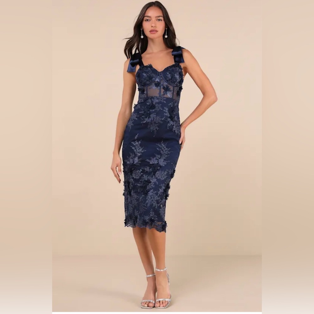 Lulu's Navy Floral Lace Midi Dress with Bow Straps